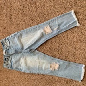 O’Niell Distressed High-Rise Button Fly Straight Jeans – Light Wash Denim
